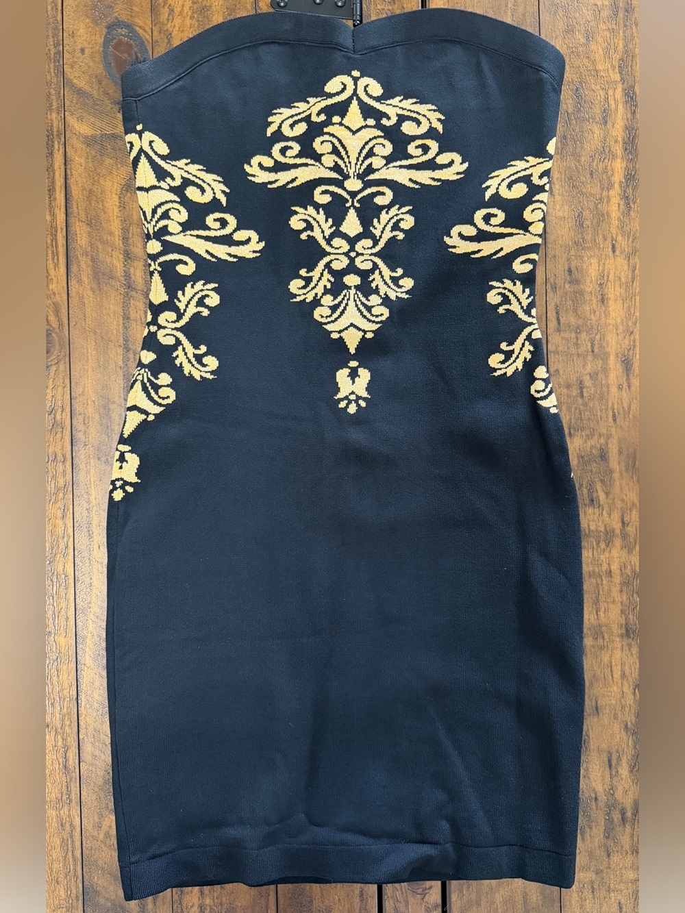 Bebe Strapless Black Dress with Gold Embroidery